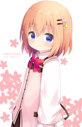 Rule 34 | 1girl, absurdres, black skirt, blue eyes, blush, bow, brown hair, character name, closed mouth, collared shirt, commentary request, dated, dress shirt, floral background, gochuumon wa usagi desu ka?, hair between eyes, happy birthday, highres, hoto cocoa, long hair, long sleeves, looking at viewer, nakkar, pink vest, rabbit house uniform, red bow, shirt, simple background, skirt, sleeves past wrists, smile, solo, uniform, vest, waitress, white background, white shirt