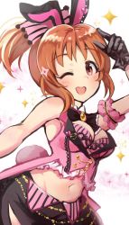 Rule 34 | 10s, 1girl, abe nana, animal ears, armband, black gloves, black skirt, blush, bow, bowtie, breasts, cleavage, commentary request, corset, dress, frills, gloves, hand up, highres, idolmaster, idolmaster cinderella girls, idolmaster cinderella girls starlight stage, looking at viewer, looking to the side, medium breasts, midriff, navel, one eye closed, open mouth, orange hair, pink dress, ponytail, rabbit ears, rabbit tail, red eyes, side slit, sidelocks, skirt, smile, solo, sparkle, striped, tail, takeashiro, white background