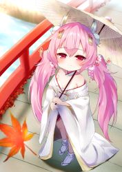 Rule 34 | 1girl, autumn leaves, azur lane, blurry, blurry background, blush, breasts, bridge, brown umbrella, closed mouth, commentary request, day, depth of field, flower, hair flower, hair ornament, hamakaze (azur lane), headgear, highres, holding, holding umbrella, japanese clothes, kimono, kokone (coconeeeco), leaf, long hair, maple leaf, off shoulder, oil-paper umbrella, outdoors, pink hair, red eyes, red flower, river, small breasts, smile, solo, standing, table, twintails, umbrella, very long hair, water, white flower, white kimono, white legwear