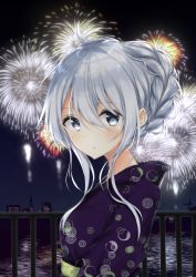 Rule 34 | 1girl, absurdres, ahoge, alternate costume, alternate hairstyle, bad id, bad twitter id, blue eyes, blush, braid, fireworks, hibiki (kancolle), highres, japanese clothes, kantai collection, kimono, looking at viewer, looking to the side, solo, uzuki tsukuyo, white hair