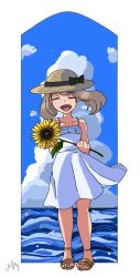 Rule 34 | 1girl, absurdres, alternate costume, armpits, artist request, bare shoulders, black bow, blue eyes, bow, brown hair, child, cloud, cloudy sky, collarbone, creatures (company), day, dress, fangs, feet, female focus, flat chest, flower, frilled dress, frills, full body, game freak, happy, hat, hat bow, hat ribbon, highres, holding, legs, may (pokemon), medium hair, neck, nintendo, ocean, open mouth, outdoors, plant, pokemon, pokemon adventures, ribbon, sandals, sky, sleeveless, sleeveless dress, standing, sundress, sunflower, toes, water, white dress