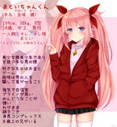 Rule 34 | 1boy, black skirt, blue eyes, bow, hair between eyes, hair bow, hand in pocket, heart, heart-shaped pupils, highres, hoodie, jacket, jewelry, kaneshiro matoi, long hair, long sleeves, male focus, manana (matoi1111), miniskirt, necklace, original, pink hair, pleated skirt, pointy ears, red bow, red hoodie, red jacket, skirt, symbol-shaped pupils, thighhighs, translated, trap, twintails, very long hair, white thighhighs, zoom layer