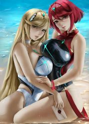 Rule 34 | 2girls, blonde hair, breast press, breasts, competition swimsuit, highres, long hair, looking at viewer, multiple girls, mythra (radiant beach) (xenoblade), mythra (xenoblade), nintendo, one-piece swimsuit, pyra (pro swimmer) (xenoblade), pyra (xenoblade), red eyes, red hair, sidelocks, super smash bros., swimsuit, symmetrical docking, thighs, water, wei (promise 0820), wet, xenoblade chronicles (series), xenoblade chronicles 2, yellow eyes