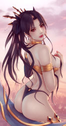 Rule 34 | 1girl, ass, bikini, black hair, blurry, blurry background, breasts, earrings, elbow gloves, fate (series), gloves, hoop earrings, ishtar (fate), jewelry, lips, looking at viewer, looking back, medium breasts, mismatched bikini, nail polish, neck ring, parted bangs, red eyes, single elbow glove, solo, soranamae, swimsuit, two side up
