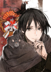 Rule 34 | 1boy, bishounen, black cloak, black eyes, black hair, cloak, closed mouth, hand on own chin, high ponytail, highres, looking at viewer, male focus, mouse (animal), multicolored background, nezumi (no.6), no.6, short hair, solo, toi8, upper body