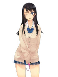 Rule 34 | 1girl, arm behind back, black hair, blue eyes, cardigan, earbuds, earphones, highres, long hair, looking at viewer, murakami suigun, one eye closed, original, parted lips, pleated skirt, sex toy, simple background, skirt, sleeves past wrists, smile, solo, teeth, uniform, vibrator, vibrator under clothes, white background