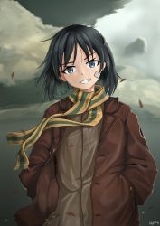 Rule 34 | 1girl, artist name, bandaid, bandaid on face, black hair, brave witches, brown jacket, cloud, cowboy shot, grey sky, hands in pockets, head tilt, highres, jacket, kanno naoe, kokott, looking at viewer, scarf, short hair, sky, smile, solo, world witches series