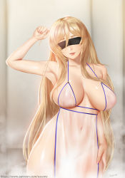 Rule 34 | 10s, 1girl, arm up, armpits, artist name, bathhouse, blindfold, blonde hair, breasts, covered navel, easonx, facing viewer, goblin slayer!, hair between eyes, large breasts, long hair, parted lips, smile, solo, steam, sword maiden, very long hair, watermark, web address