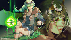 Rule 34 | 1girl, animal on arm, artemis (hades), barefoot, belt, bird, bird on arm, blunt bangs, bow (weapon), breasts, cape, close-up, closed eyes, crescent, crescent hair ornament, crossed legs, drawing bow, dress, facepaint, foot out of frame, fur collar, green cape, green eyes, green hair, hades (series), hades 1, hage2013, hair ornament, highres, holding, holding bow (weapon), holding weapon, leaf, long hair, looking to the side, low-tied long hair, multiple views, parted lips, sitting, sleeveless, sleeveless dress, small breasts, smile, thighs, twitter username, weapon