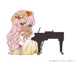 Rule 34 | 1girl, aria (manga), athena glory, chibi, closed mouth, copyright name, copyright notice, dark-skinned female, dark skin, dated, dress, eyelashes, flower, full body, gradient dress, grey eyes, hair between eyes, hair flower, hair ornament, high heels, instrument, long hair, music, off-shoulder dress, off shoulder, official alternate costume, official art, orange flower, piano, pink hair, playing instrument, playing piano, sidelocks, simple background, sitting, smile, solo, very long hair, white dress, yellow dress, yellow flower