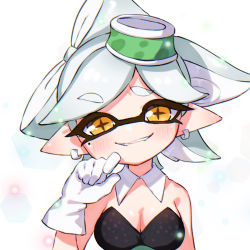 Rule 34 | + +, 1girl, bad id, bad pixiv id, black dress, breasts, brown eyes, busujima funya, cleavage, commentary, detached collar, dress, earrings, food, food on head, gloves, grey hair, grin, half updo, hand to own mouth, head tilt, inkling, jewelry, light particles, looking at viewer, marie (splatoon), medium breasts, mole, mole under eye, nintendo, object on head, pointy ears, short hair, simple background, smile, solo, splatoon (series), splatoon 1, strapless, strapless dress, tentacle hair, upper body, white background, white gloves