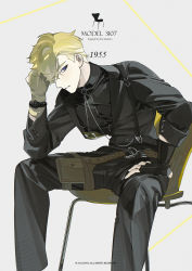 Rule 34 | 1boy, asymmetrical gloves, belt, black belt, black gloves, black jacket, black pants, black shirt, blonde hair, blue eyes, chair, crossed bangs, english text, fingerless gloves, gloves, gradient hair, hair between eyes, highres, jacket, k00s, looking to the side, mismatched gloves, multicolored hair, nijisanji, nijisanji en, pants, shirt, short hair, sitting, solo, sonny brisko, suspenders, thigh belt, thigh strap, virtual youtuber, watch, white hair, yellow gloves