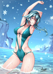 Rule 34 | 1girl, adsouto, aqua one-piece swimsuit, armpits, arms up, blue hair, blue sky, blurry, blurry background, breasts, casual one-piece swimsuit, cleavage, cloud, collarbone, day, eula (genshin impact), floating hair, genshin impact, gluteal fold, grey hairband, hairband, highres, large breasts, long hair, navel, o-ring, o-ring swimsuit, ocean, one-piece swimsuit, outdoors, revealing clothes, shiny skin, signature, sky, solo, standing, swimsuit, wading