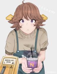 Rule 34 | 1girl, absurdres, alternate costume, apron, bananamaru, blush, brand name imitation, brown hair, brown sweater, cup, disposable cup, drinking straw, flipped hair, frown, geiger counter, green apron, grey background, grimace shake (meme), headgear, hiei (kancolle), highres, holding, holding cup, kantai collection, mcdonald&#039;s, meme, milkshake, purple liquid, short hair, short sleeves, simple background, solo, sweater