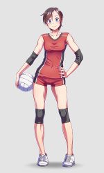 Rule 34 | 1girl, ball, blue eyes, blush, brown hair, covered navel, earrings, elbow pads, fingernails, full body, hair ornament, hairclip, hand on own hip, holding, holding ball, jewelry, knee pads, looking at viewer, no socks, original, shinatose izana, shoes, short hair, shorts, sidonia no kishi, simple background, sleeveless, smile, sneakers, solo, sportswear, taut clothes, thigh gap, tomboy, uniform, volleyball (object), volleyball uniform, wokada