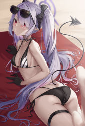 Rule 34 | 1girl, absurdres, ass, beach towel, bikini, black bikini, black choker, black gloves, blue archive, blush, breasts, choker, closed mouth, demon tail, eyewear on head, feet up, from above, from behind, gloves, grey hair, halo, highres, iori (blue archive), iori (swimsuit) (blue archive), long hair, looking at viewer, looking back, lying, multi-strapped bikini bottom, on stomach, pointy ears, rama (yu-light8), red eyes, small breasts, solo, sunglasses, swimsuit, tail, thigh strap, towel, twintails, very long hair