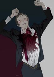 Rule 34 | 1boy, adachi tooru, arms up, belt, black jacket, black pants, blood, blood from mouth, blood on clothes, blood on face, blood on hands, blood splatter, blush, brown belt, brown hair, business suit, collared shirt, commentary request, cowboy shot, formal, highres, jacket, kaninn, long sleeves, looking at viewer, male focus, necktie, nosebleed, open mouth, pants, persona, persona 4, pink eyes, red necktie, shirt, short hair, smile, solo, suit, twitter username, white shirt
