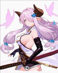Rule 34 | 1girl, 2aphie, bare shoulders, black gloves, black shirt, braid, breasts, brown horns, bug, butterfly, commentary request, draph, elbow gloves, fingerless gloves, forward facing horns, gloves, granblue fantasy, hair ornament, hair over one eye, holding, holding sword, holding weapon, horns, insect, katana, large breasts, looking at viewer, narmaya (granblue fantasy), no pants, pink butterfly, pink eyes, pink hair, pointy ears, shirt, sideboob, simple background, single braid, single fingerless glove, solo, sword, upper body, weapon, white background