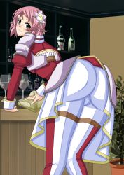 Rule 34 | 10s, 1girl, absurdres, alternate eye color, armor, artemisumi, ass, blush, breasts, flower, from behind, glass, green eyes, hair flower, hair ornament, highres, leaning, leaning forward, lisbeth (sao), lisbeth (sao-alo), looking at viewer, looking back, pants, pink hair, short hair, showgirl skirt, sideboob, smile, solo, sword art online, tight clothes, tight pants, towel
