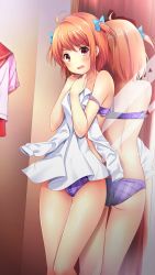 Rule 34 | 1girl, ahoge, ass, blue bow, blush, bow, bra, brown eyes, collarbone, covering privates, doukyuusei another world, embarrassed, game cg, hair between eyes, hair bow, looking at viewer, medium hair, mirror, official art, open mouth, orange hair, panties, plaid, plaid panties, purple bra, purple panties, shiny skin, solo, thigh gap, two side up, underwear, underwear only, wavy mouth