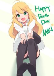 Rule 34 | 1girl, :d, ahoge, black thighhighs, blonde hair, blush, green eyes, happy birthday, hoshii miki, idolmaster, idolmaster (classic), long hair, looking at viewer, open mouth, pillow, shoe soles, shoes, sitting, smile, solo, ssberit, star (symbol), thighhighs, v