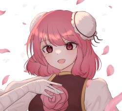 Rule 34 | 1girl, bandaged arm, bandages, bun cover, commentary, double bun, flower, hair bun, highres, ibaraki kasen, looking at viewer, open mouth, petals, pink eyes, pink flower, pink hair, pipita, short hair, simple background, smile, solo, touhou, upper body, white background