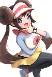 Rule 34 | 1girl, :d, absurdres, black pantyhose, blue eyes, bow, breasts, brown hair, creatures (company), double bun, doughnut hair bun, game freak, gonzarez, hair bun, hand on own chin, highres, large breasts, long hair, looking at viewer, nintendo, open mouth, pantyhose, pantyhose under shorts, pink bow, pokemon, pokemon bw2, pokemon masters ex, raglan sleeves, revision, rosa (pokemon), shoes, short shorts, shorts, simple background, smile, sneakers, solo, twintails, very long hair, visor cap, white background, yellow shorts