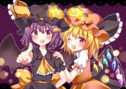 Rule 34 | 2girls, alternate color, arm behind back, ascot, bad id, bad pixiv id, bat wings, blonde hair, blush, border, chako (chakoxxx), cowboy shot, fang, flandre scarlet, hair ornament, halloween, hand on another&#039;s shoulder, hat, hat ornament, highres, jack-o&#039;-lantern, lace, lace border, light particles, mob cap, multiple girls, one eye closed, open mouth, ornate border, pointing, pointing at viewer, puffy short sleeves, puffy sleeves, purple background, purple hair, red eyes, remilia scarlet, short hair, short sleeves, siblings, side ponytail, sisters, skirt, skirt set, star (symbol), star hair ornament, touhou, wings