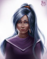 Rule 34 | 1990s (style), 1girl, 2mindsstudio, backlighting, blue hair, chrono (series), chrono trigger, dress, earrings, female focus, frown, highres, jewelry, lips, long hair, messy hair, ponytail, realistic, retro artstyle, schala zeal, solo, upper body
