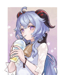 Rule 34 | 1girl, ahoge, bell, black bow, blue hair, blush, bow, cowbell, cup, disposable cup, drinking, drinking straw, fingernails, ganyu (genshin impact), ganyu (heytea) (genshin impact), genshin impact, goat horns, hair between eyes, hair bow, highres, holding, holding cup, horns, long hair, looking at viewer, mozu (teluto), neck bell, official alternate costume, ponytail, purple eyes, red horns, sidelocks, solo, very long hair