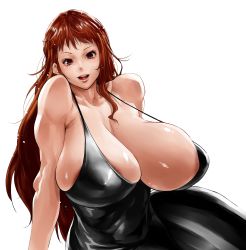 Rule 34 | 1girl, absurdres, alternate costume, areola slip, bare shoulders, black dress, bonten, breasts, cleavage, collarbone, dress, highres, huge breasts, lips, long hair, looking at viewer, nami (one piece), nami (one piece) (post-timeskip), nami (one piece) (zou), official alternate costume, one piece, open mouth, orange hair, red eyes, revealing clothes, short dress, simple background, smile, solo, strap gap, teeth, tongue, upper teeth only, very long hair, white background, wide hips