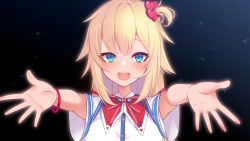 Rule 34 | 1girl, :d, akai haato, akai haato (1st costume), blonde hair, blue eyes, blush, breasts, hair ornament, heart, heart hair ornament, heart in eye, highres, hololive, long hair, looking at viewer, medium breasts, one side up, open mouth, outstretched arms, red ribbon, ribbon, shirt, short sleeves, smile, solo, striped ribbon, symbol in eye, upper body, virtual youtuber, white shirt, wide sleeves, yoshiheihe