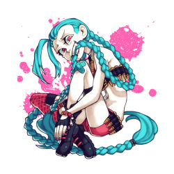 Rule 34 | 1girl, bandaid, bandaid on knee, bandaid on leg, bandolier, blue hair, boots, braid, bullet, combat boots, fingerless gloves, flat chest, forehead, full body, gloves, grin, hair in own mouth, highres, jewelry, jinx (league of legends), league of legends, long hair, looking at viewer, nail polish, nappooz, necklace, paint splatter, purple nails, red eyes, smile, solo, stomach, twin braids, very long hair, white background