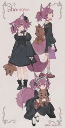 Rule 34 | 1girl, alternate costume, animal bag, animal ear fluff, arknights, backpack, bag, black bow, black dress, black footwear, book, boots, bow, character name, choker, closed mouth, collared dress, dress, expressionless, fox girl, fox tail, frilled hairband, frills, full body, gothic lolita, hair bow, hairband, head tilt, high heels, highres, holding, holding book, holding stuffed toy, lolita fashion, long sleeves, looking at viewer, loose socks, medium hair, multiple views, nail polish, open book, pantyhose, puffy short sleeves, puffy sleeves, purple eyes, purple hair, purple nails, red bow, red footwear, red medicine, shamare (arknights), short sleeves, socks, stuffed toy, stuffed wolf, tail, twitter username, two side up, white pantyhose, white socks, wrist cuffs