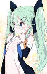 Rule 34 | 10s, 1girl, alternate hairstyle, artist name, bare shoulders, black ribbon, blue neckerchief, blush, breasts, cleavage, commentary request, detached sleeves, green eyes, green hair, groin, hair between eyes, hair ornament, hair ribbon, hairclip, hands up, kantai collection, long hair, medium breasts, midriff, navel, neckerchief, open clothes, open shirt, parted lips, ribbon, shirt, sleeve cuffs, sleeveless, sleeveless shirt, solo, stomach, sweatdrop, twintails, upper body, watanon (gakushokutei), yamakaze (kancolle)