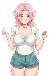 Rule 34 | 1girl, ahoge, artist name, blush, breasts, chloe (sciamano240), cleavage, collarbone, commentary, cowboy shot, dated, earrings, food, freckles, frown, green shorts, hands up, ice cream, ice cream cone, ice cream cone spill, jewelry, large breasts, long hair, looking at viewer, necklace, original, parted bangs, pink eyes, pink hair, sad, sciamano240, shirt, shirt tucked in, short shorts, short sleeves, shorts, signature, simple background, solo, tearing up, thigh gap, waffle cone, white background, white shirt