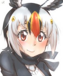 Rule 34 | 1girl, atlantic puffin (kemono friends), black hair, black jacket, black scarf, blonde hair, commentary request, face, feathered wings, hair between eyes, head wings, highres, jacket, kemono friends, looking at viewer, multicolored hair, red eyes, red hair, scarf, short hair, signature, simple background, smile, solo, thin (suzuneya), white background, white hair, wings