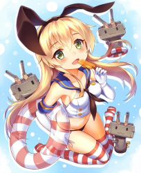 Rule 34 | 10s, 1girl, animal ears, black panties, blonde hair, blush, elbow gloves, food, gloves, green eyes, hairband, innertube, kantai collection, long hair, looking at viewer, navel, panties, personification, popsicle, rabbit ears, rensouhou-chan, shimakaze (kancolle), smile, solo, striped clothes, striped thighhighs, suika01, swim ring, thighhighs, underwear, white gloves