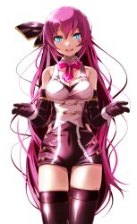 Rule 34 | 1girl, black gloves, black ribbon, black skirt, black thighhighs, bow, bowtie, breasts, cleavage, collarbone, commentary, covered navel, detached sleeves, facial tattoo, gloves, hair ribbon, heart, heart tattoo, highres, long hair, looking at viewer, medium breasts, megurine luka, open mouth, pink bow, pink bowtie, pink hair, project diva (series), ribbon, simple background, skirt, solo, tattoo, teeth, thighhighs, thighs, tsukishiro saika, upper teeth only, very long hair, vocaloid, white background