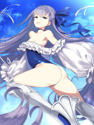 Rule 34 | 1girl, amagasa yun, armor, ass, bare shoulders, blue eyes, blue one-piece swimsuit, blue ribbon, blue sky, breasts, choker, fate/grand order, fate (series), frills, greaves, hair between eyes, hair ribbon, highleg, highleg swimsuit, highres, long hair, long sleeves, looking at viewer, meltryllis, meltryllis (fate), meltryllis (swimsuit lancer) (fate), meltryllis (swimsuit lancer) (second ascension) (fate), one-piece swimsuit, parted lips, puffy sleeves, purple hair, ribbon, sky, sleeves past fingers, sleeves past wrists, small breasts, smile, solo, swimsuit, thighs, very long hair