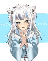 Rule 34 | 1girl, animal ears, blue eyes, blue hair, cat ears, eyebrows hidden by hair, gawr gura, hair ornament, highres, hololive, hololive english, hood, hoodie, long hair, multicolored hair, open mouth, own hands together, saba miso, shark hair ornament, sharp teeth, smile, solo, streaked hair, teeth, translation request, two side up, upper body, virtual youtuber, white hair