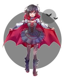 Rule 34 | 1girl, ammunition, ammunition belt, bag, bats, belt, belt buckle, black hair, black thighhighs, blush, boots, breasts, buckle, cape, cloak, corset, facing viewer, fangs, full body, gradient hair, grey eyes, halloween, happy, highres, holding, holding cape, holding clothes, hood, hood down, iesupa, lolita fashion, looking at viewer, medium breasts, multicolored hair, open mouth, petals, red cape, red cloak, red hair, rose petals, ruby rose, rwby, short hair, skirt, smile, solo, standing, thighhighs, torn clothes, torn thighhighs