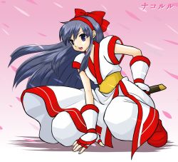 Rule 34 | 1girl, ainu clothes, arm support, blue hair, breasts, fingerless gloves, gloves, grey eyes, hair ribbon, highres, kneeling, legs, long hair, nakoruru, open mouth, pants, ribbon, samurai spirits, small breasts, snk, solo, the king of fighters, thighs, weapon