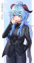 Rule 34 | 1girl, ahoge, artist name, belt, black suit, blue hair, breasts, business suit, cigarette, cleavage, covering own mouth, formal, ganyu (genshin impact), genshin impact, highres, horns, long hair, looking at another, making-of available, medium breasts, oli kkwak, purple eyes, sidelocks, solo, suit