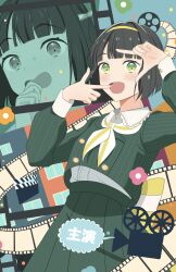 Rule 34 | 1girl, :d, absurdres, alternate costume, black hair, blunt bangs, blunt ends, blush, buttons, clapperboard, collared shirt, commentary request, cowboy shot, cropped jacket, double-breasted, film reel, finger frame, fortune movie (love live!), frilled shirt collar, frills, green eyes, green jacket, green skirt, hairband, high-waist skirt, highres, jacket, link! like! love live!, looking at viewer, love live!, momose ginko, morio (mmorio mu), neckerchief, open mouth, pleated skirt, shirt, short hair, skirt, smile, solo, translation request, virtual youtuber, white neckerchief, white shirt, yellow hairband, zoom layer