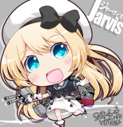 Rule 34 | 1girl, adapted turret, blonde hair, blue eyes, blue sailor collar, cannon, character name, chibi, dress, gloves, hat, highres, jervis (kancolle), kantai collection, kuroneko (kuroneko works), rigging, sailor collar, sailor dress, sailor hat, smokestack, solo, white dress, white gloves, white hat