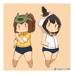 Rule 34 | 10s, 2girls, alternate costume, black hair, blush, brown eyes, brown hair, capriccyo, clenched hand, commentary request, competition school swimsuit, hair ornament, hair ribbon, hand on own hip, hands in pockets, headgear, hood, hoodie, ise (kancolle), kantai collection, long hair, looking at viewer, multiple girls, one-piece swimsuit, ponytail, red eyes, ribbon, school swimsuit, short hair, sleeveless, sleeveless hoodie, sleeves rolled up, smile, swimsuit, swimsuit under clothes, twitter username, visor cap, yamashiro (kancolle)
