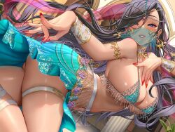 Rule 34 | 1girl, absurdres, arabian clothes, black hair, blush, bra, bracer, breasts, dancer, dancing, dark-skinned female, dark skin, earrings, gem, gold choker, gold trim, harem outfit, highres, jewelry, large breasts, lips, long hair, looking at viewer, masami chie, mole, mole under eye, mouth veil, navel, neck ring, non-web source, original, red nails, signature, skirt, solo, thighlet, thighs, underwear, veil
