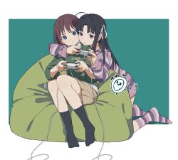 Rule 34 | 2girls, ahoge, arm around neck, awa subaru, bean bag chair, black hair, black socks, blue eyes, blush, border, brown hair, brown skirt, chinese commentary, closed mouth, coldcat., collared shirt, commentary request, commission, controller, game controller, girls band cry, green sweater, hair ribbon, hashtag-only commentary, highres, holding, holding controller, holding game controller, hood, hoodie, iseri nina, long hair, long sleeves, looking at viewer, multiple girls, no shoes, outside border, parted bangs, pleated skirt, purple eyes, purple hoodie, purple socks, ribbon, second-party source, shirt, short hair, sidelocks, skirt, smile, socks, striped clothes, striped hoodie, striped socks, sweater, white border, white ribbon, white shirt, yuri