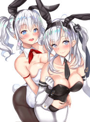 Rule 34 | 2girls, :d, alternate costume, anchor symbol, animal ears, bare shoulders, between breasts, black legwear, black leotard, black neckwear, blue eyes, blush, breast press, breasts, closed mouth, collarbone, commentary request, cowboy shot, detached collar, elbow gloves, eyebrows, fake animal ears, gloves, grey eyes, head tilt, highres, hug, hug from behind, kantai collection, kashima (kancolle), large breasts, leaning forward, leotard, looking at viewer, multiple girls, neck ribbon, necktie, necktie between breasts, no bra, open mouth, pantyhose, playboy bunny, rabbit ears, rabbit tail, red ribbon, ribbon, round teeth, shiny skin, sidelocks, simple background, skindentation, smile, standing, strapless, strapless leotard, suzutsuki (kancolle), tail, tareme, teeth, twintails, untue, white background, white gloves, white hair, white legwear, white leotard, wrist cuffs